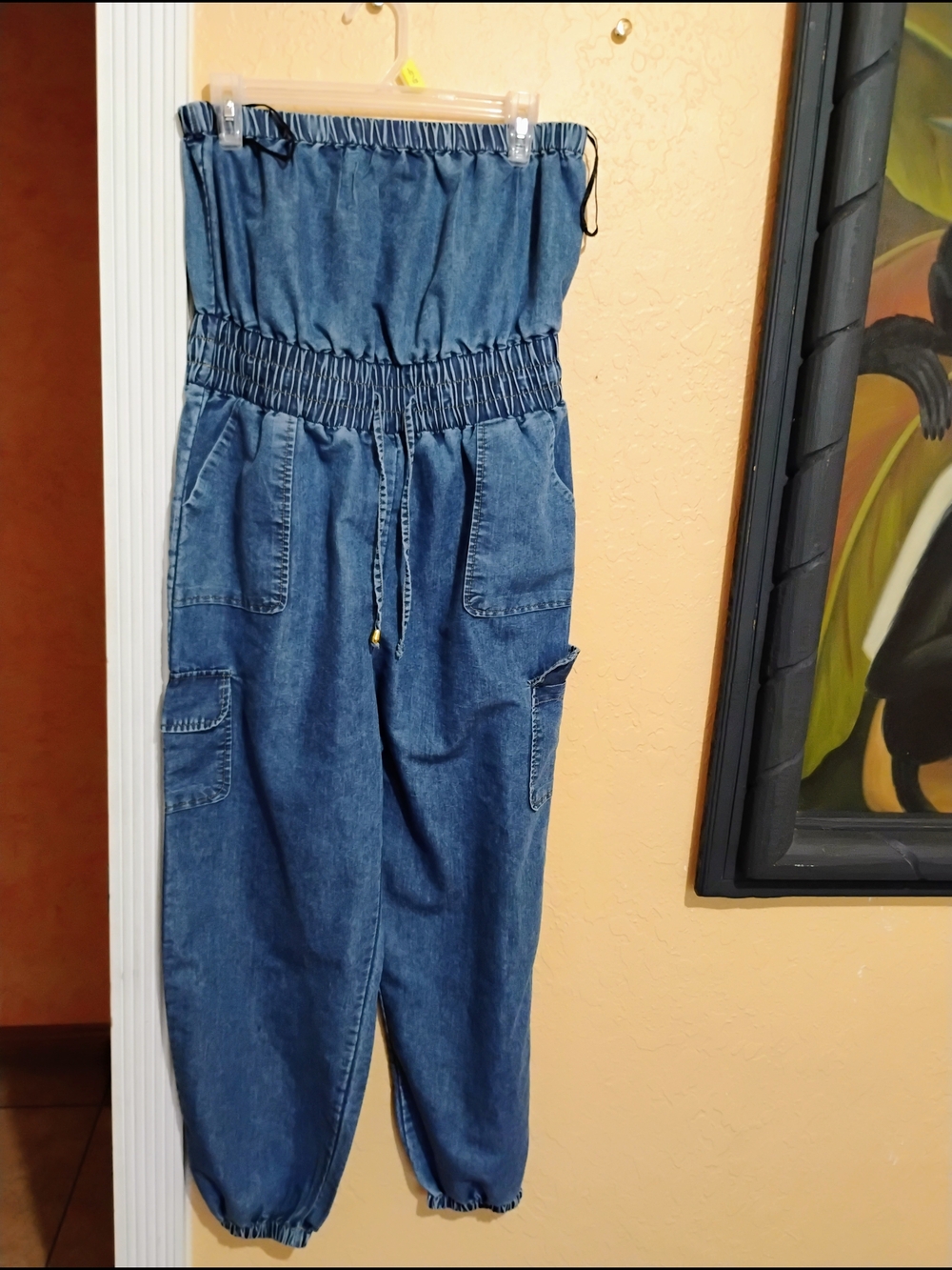 Denim Strapless Cargo Chambray Jumpsuit - Blue